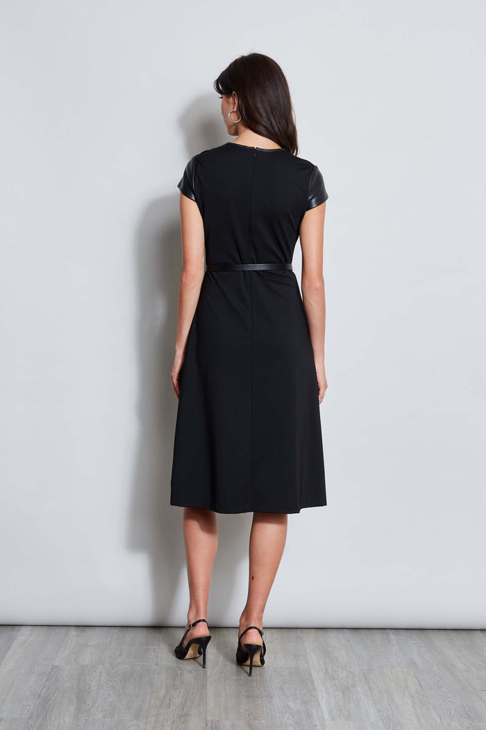 Elie Tahari Vegan Leather Short Sleeve Belted Knit Dress BLACK