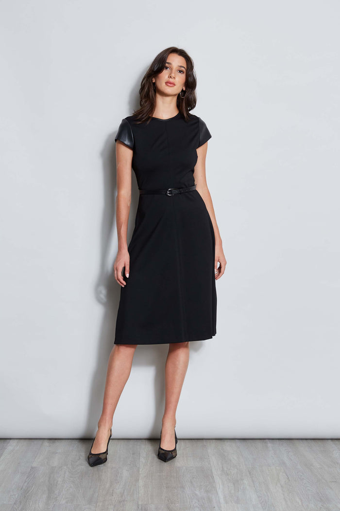 Elie Tahari Vegan Leather Short Sleeve Belted Knit Dress BLACK