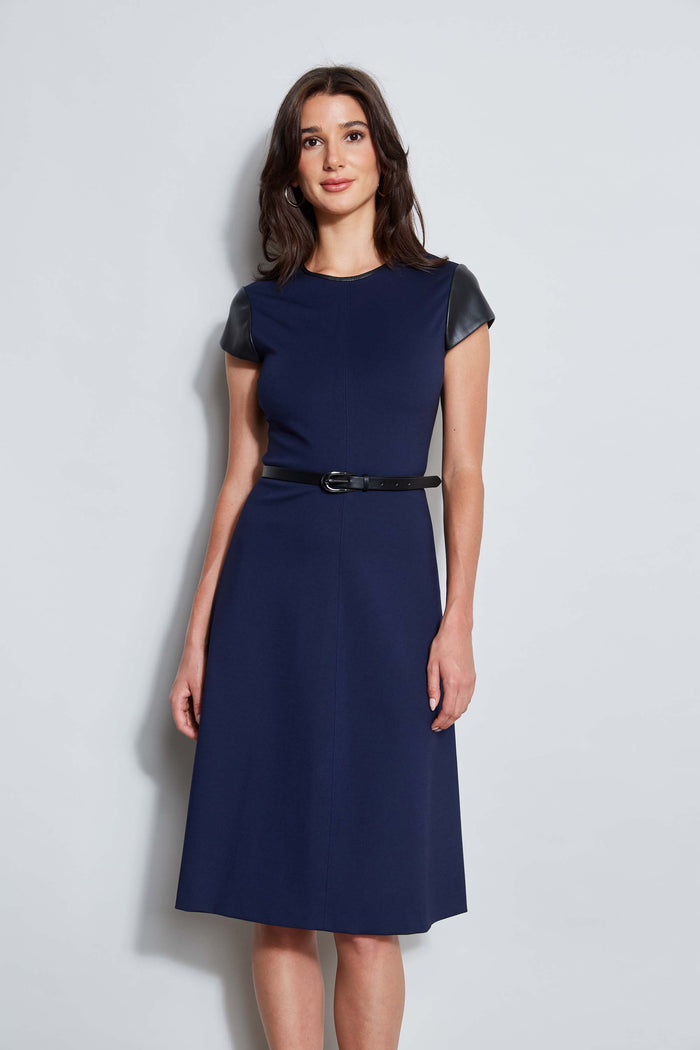 Elie Tahari Vegan Leather Short Sleeve Belted Knit Dress GALAXY NAVY
