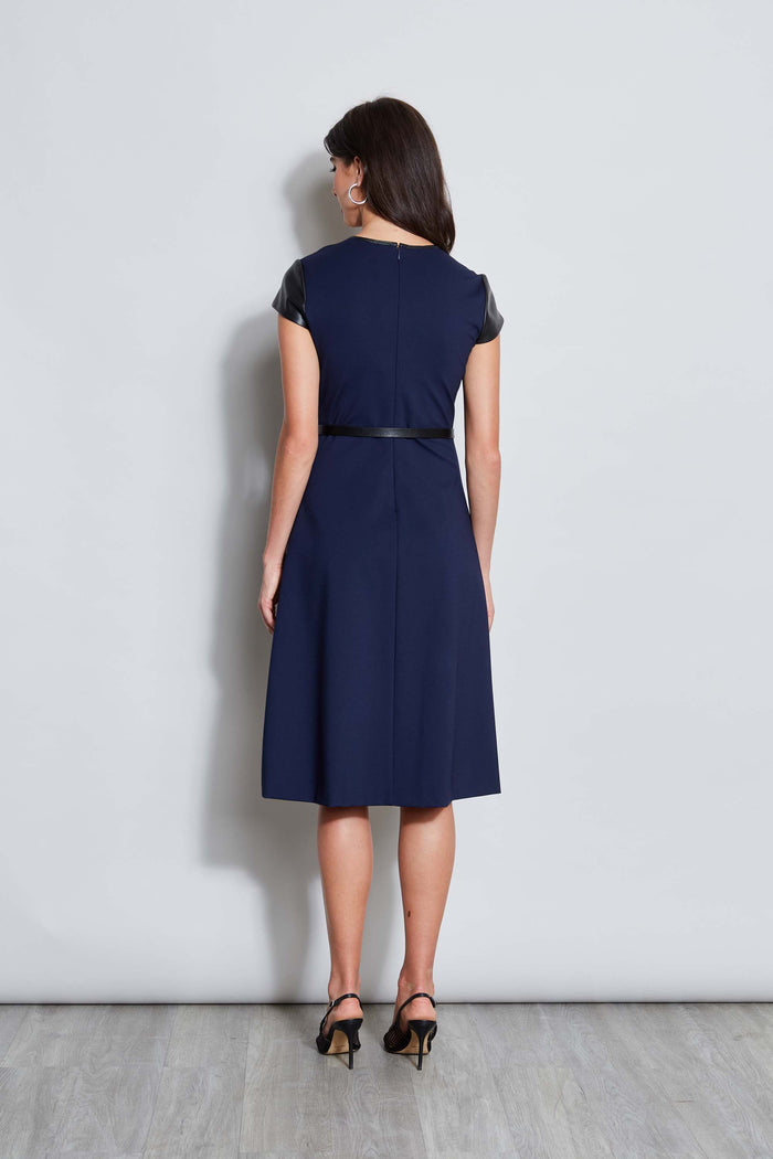 Elie Tahari Vegan Leather Short Sleeve Belted Knit Dress GALAXY NAVY