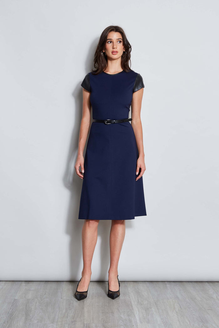 Elie Tahari Vegan Leather Short Sleeve Belted Knit Dress GALAXY NAVY