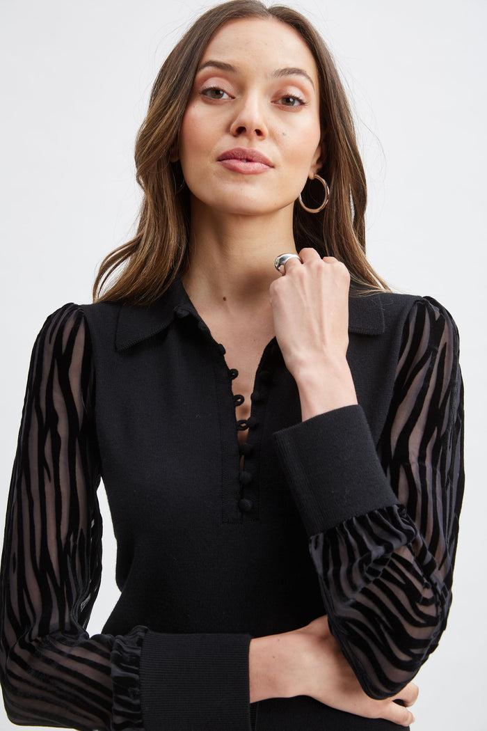 Elie Tahari Velvet Burnout Sleeve Polo Sweater BLACK