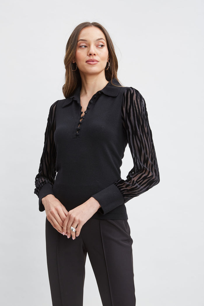 Elie Tahari Velvet Burnout Sleeve Polo Sweater BLACK