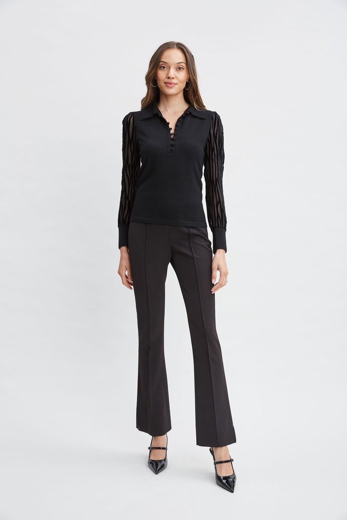 Elie Tahari Velvet Burnout Sleeve Polo Sweater BLACK