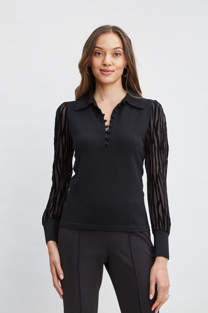Elie Tahari Velvet Burnout Sleeve Polo Sweater BLACK
