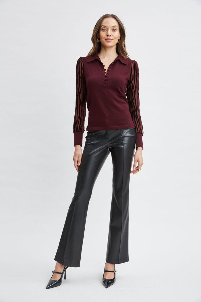 Elie Tahari Velvet Burnout Sleeve Polo Sweater MERLOT