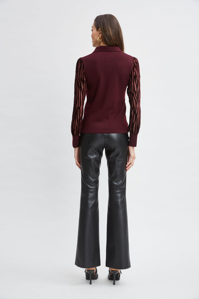 Elie Tahari Velvet Burnout Sleeve Polo Sweater MERLOT
