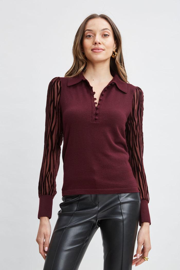 Elie Tahari Velvet Burnout Sleeve Polo Sweater MERLOT