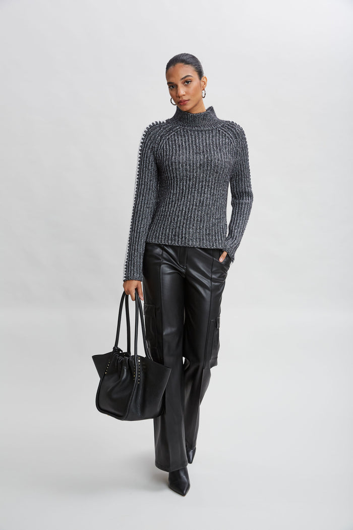 Elie Tahari Whipstitch Cotton Wool Sweater BLACK MELANGE