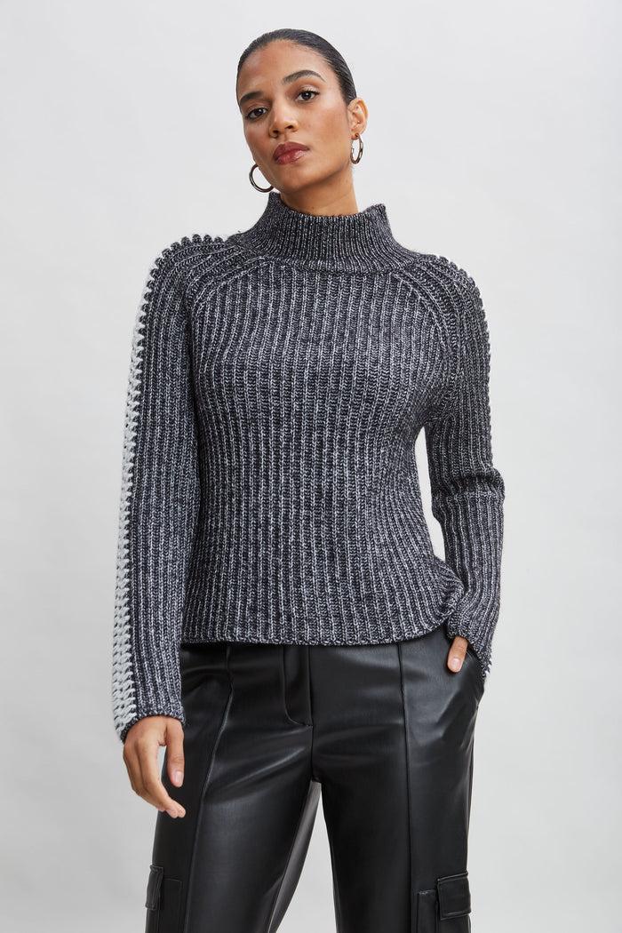Elie Tahari Whipstitch Cotton Wool Sweater BLACK MELANGE
