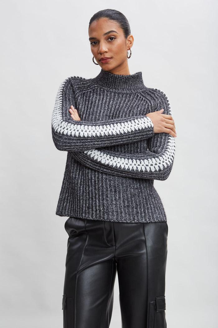Elie Tahari Whipstitch Cotton Wool Sweater BLACK MELANGE