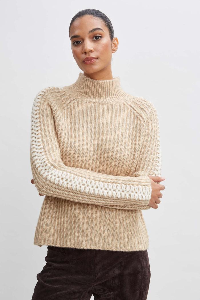 Elie Tahari Whipstitch Cotton Wool Sweater TOFFEE MELANGE