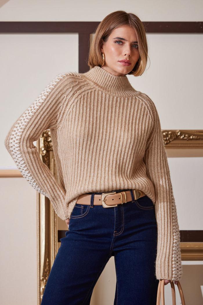Elie Tahari Whipstitch Cotton Wool Sweater TOFFEE MELANGE
