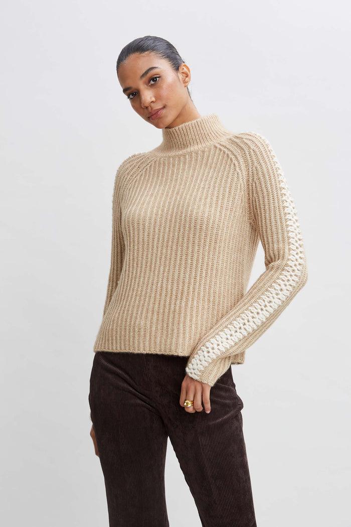 Elie Tahari Whipstitch Cotton Wool Sweater TOFFEE MELANGE