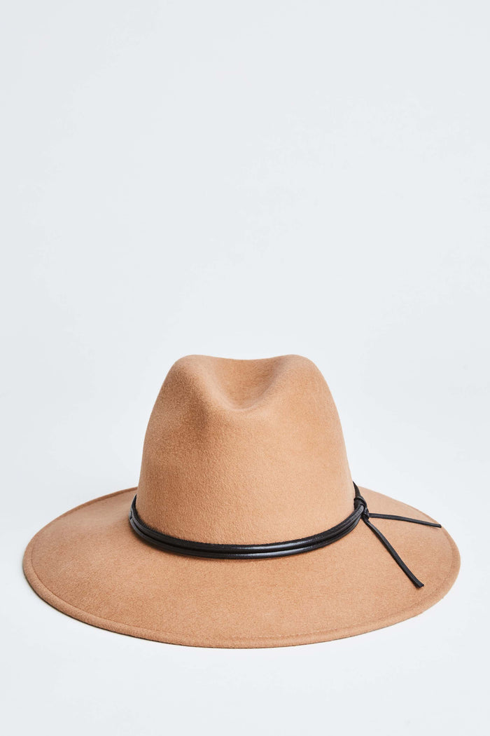 Elie Tahari Wool Wide Brim Leather Trim Fedora Hat CAMEL