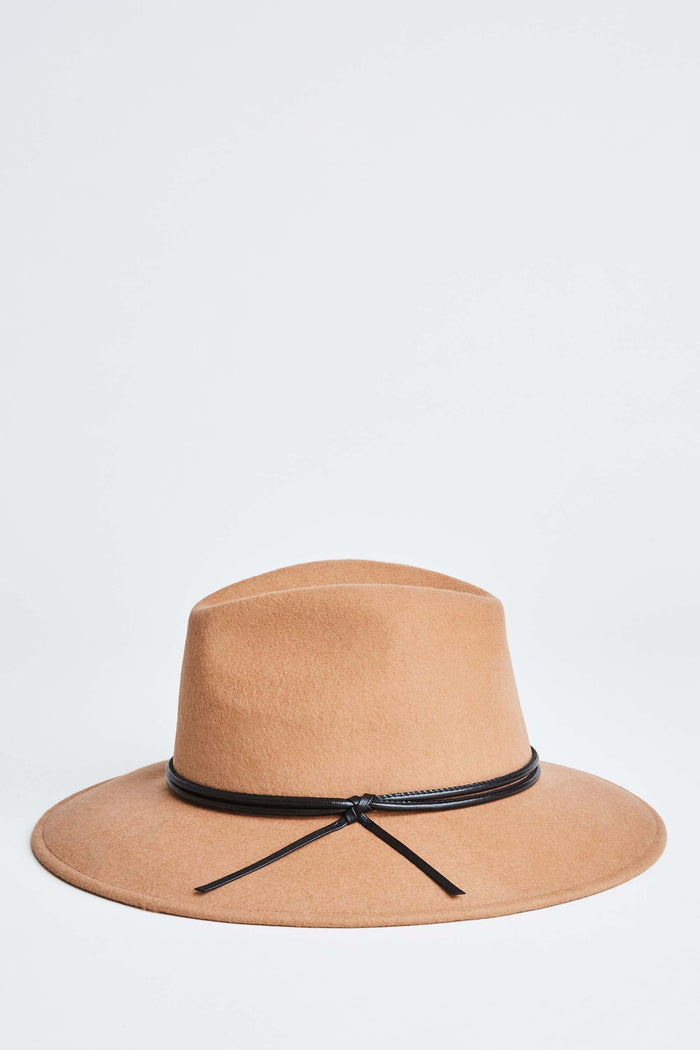 Elie Tahari Wool Wide Brim Leather Trim Fedora Hat CAMEL